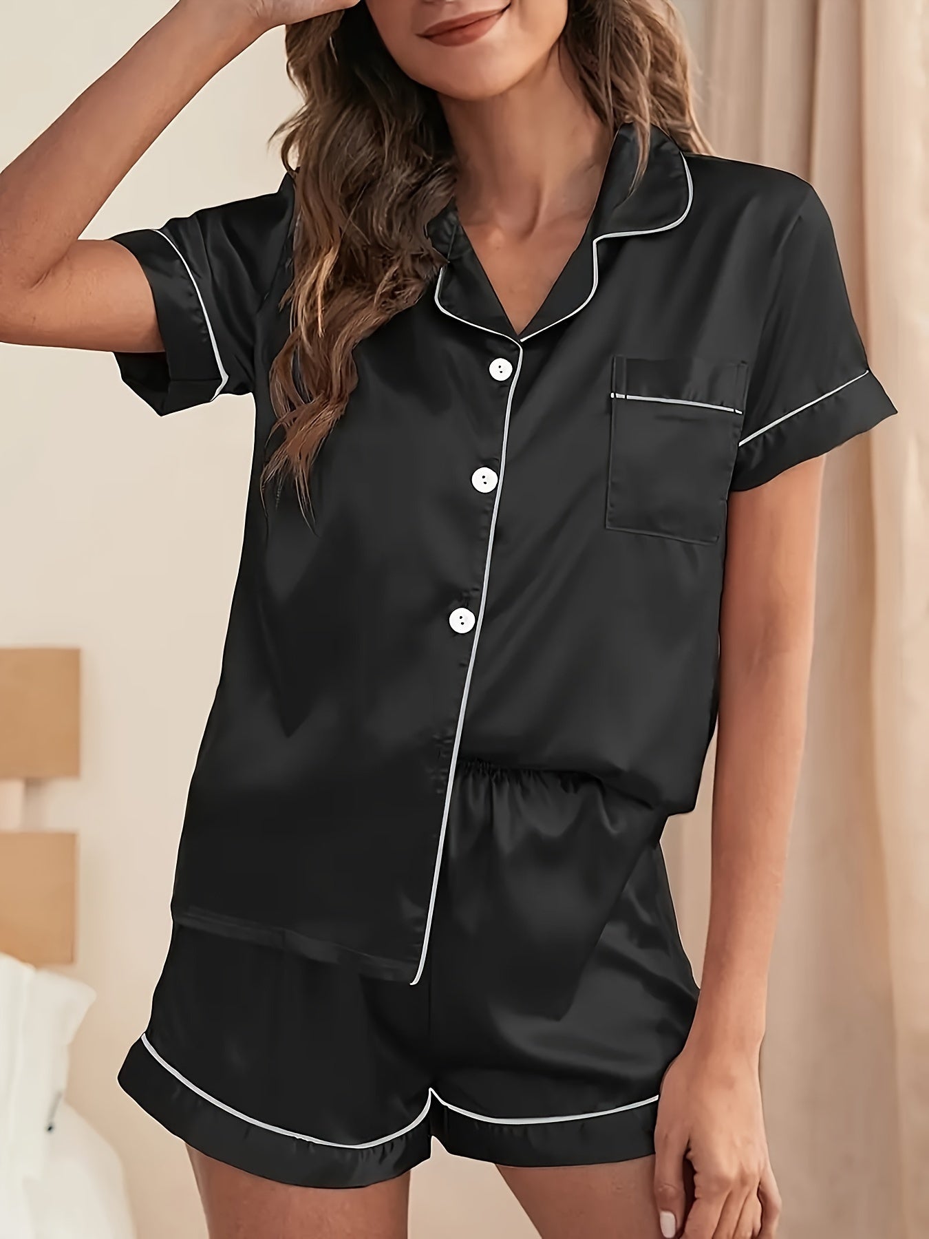 Women's satin pajama set with short-sleeve lapel top