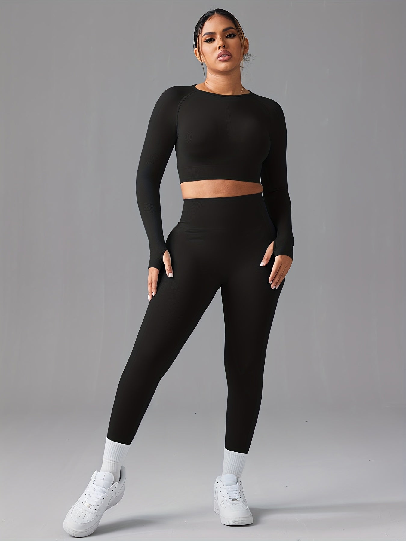 Women'S High-Waist Butt-Lifting Leggings & Long-Sleeve Bra Set