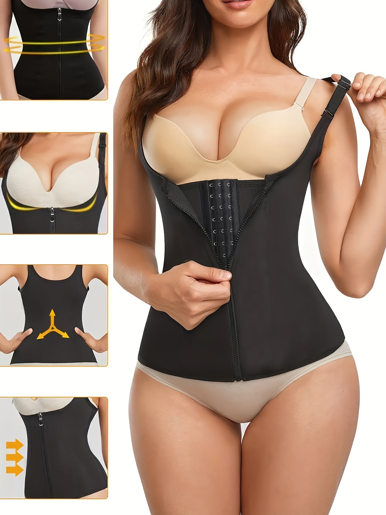 Black Zippered Sports Bodysuit, Women's Waist Trainer Corset